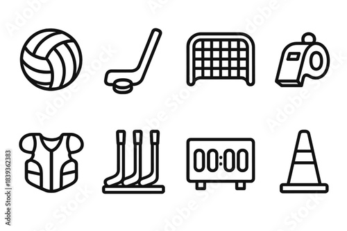 Team Sports Icons. Team Sports Equipment Set linear set: volleyball, hockey stick, goal net, referee whistle, protective chest pad, equipment rack, scoreboard panel, practice