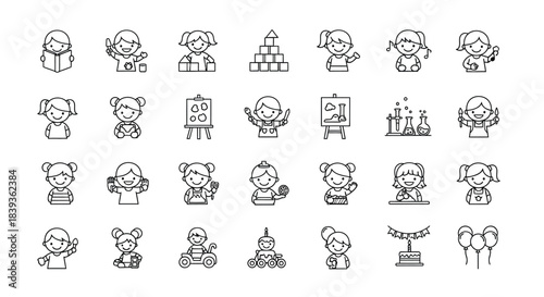 Set of kids activity icons isolated on education, playing, learning, creativity, childhood vector linear style
