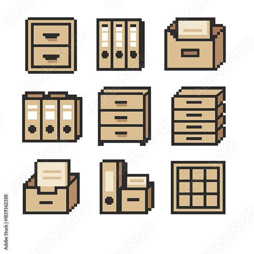 Office Storage Icons. Office Storage pixel style set: file cabinet, binder row, document box, labeled folders, drawer unit, archive stack, desktop tray, storage binder, index card