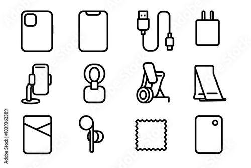 Handset Icon Set. Handset Accessories Set linear set: slim-fit case, anti-glare film, USB-C cable, quick-charge brick, dashboard phone mount, loop grip, lens attachment, travel