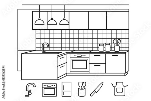 Modern Kitchen Design. Contemporary Cooking Interior linear set: waterfall island, smooth cabinetry, pendant lamp trio, smart oven panel, storage jars, utensil holder, modern sink