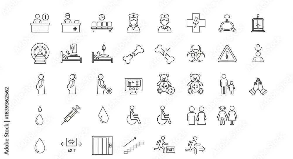 Obraz premium Collection of medical and healthcare icons isolated on set of linear vector elements for medicine and hospital design