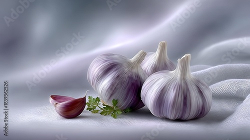   A couple of garlics sat atop a white tablecloth near a red onion