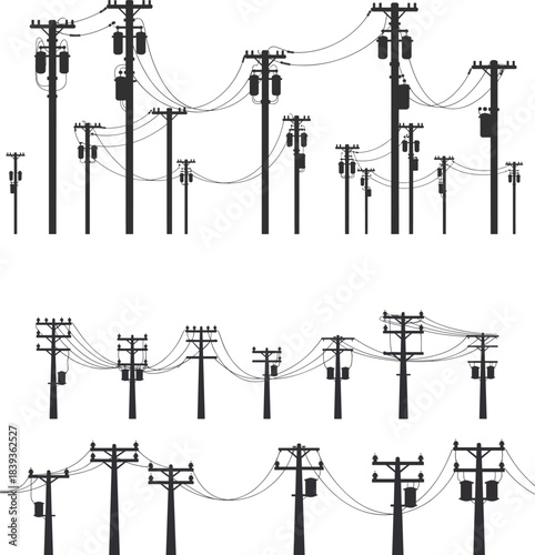 Silhouettes of Utility Poles with Transformers, Insulators, and Power Lines for Infrastructure Design, Engineering, and Educational Reference