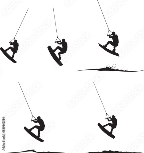 Dynamic sequence of a kitesurfer performing aerial jumps and tricks silhouette