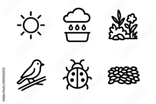 Garden Icons Collection. Nature-Nurturing Garden Icons linear set: sun patch, rain catcher, wild corner, perching branch, beneficial insect symbol, groundcover mat.