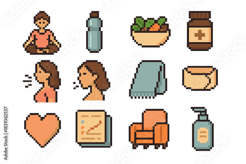 Maternal Wellness Icons. Maternal Wellness pixel style set: yoga pose, hydration bottle, healthy meal bowl, prenatal supplement, calm breath icon, pregnancy journal, soft blanket,