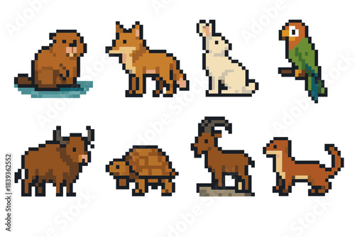 Journey Helper Animals. Journey helper animals set of icons in flat pixel vector style: water-loving beaver, path-finding coyote, snow hare, jungle parrot, sturdy yak, desert