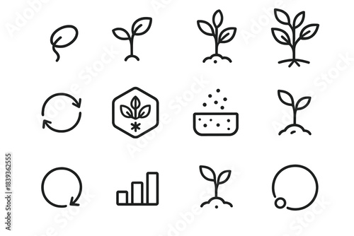 Natural Cycle Symbols. Natural Cycle Kit linear set: germination seed, early sprout, juvenile stage icon, adult form, reproduction node, nutrient loop arrow, decomposition badge,