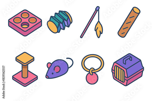 Pet Enrichment Icons. Pet enrichment items isometric flat set: puzzle feeder, crinkle toy, cat wand, chew stick, climbing perch, toy mouse, collar tag, travel crate.