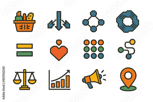 Resource Allocation Icons. Community Resource Allocation Icons pixel style set: shared basket, distribution arrows, community nodes, support circle, shared-value bar, priority