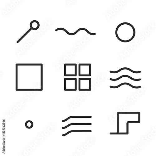 Minimalist Icon Set. Minimal intention themes linear set: simple node, quiet wave line, open arc, focused dot, balanced form, uncluttered tile, subtle ripple, clarity path.