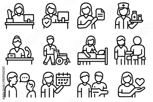 Medical Support Icons. Medical Support Staff Set linear set: front desk greeter, insurance checker, file organizer, medication runner, unit clerk, transport aide, room prep