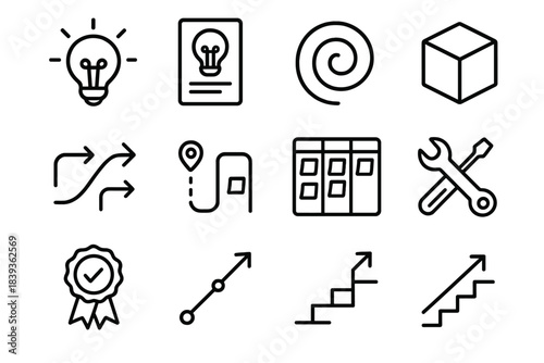 Innovation Icons Collection. Innovation Development Set linear set: lightbulb spark, concept outline, research sheet, ideation swirl, prototype module, process arrows, innovation