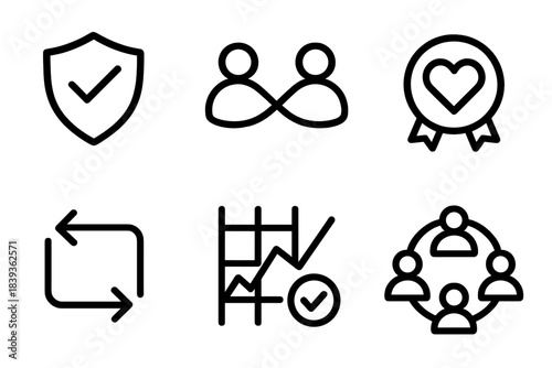 Social Trust Icons. Social Trust Development linear set: integrity symbol, connection thread, shared values badge, reciprocity arrow, dependable routine chart, community harmony