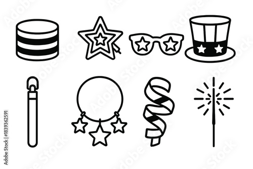 Festive Accessory Icons. Independence Day Festive Accessories Variety linear set: striped wristband, star brooch, themed sunglasses, festive hat band, glow baton, light-up necklace