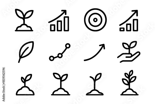 Icons of Growth. Growth Icons linear set: rising sprout, upward bar, expanding circle, progress arrow, budding leaf, milestone dot, growth curve, nurturing hand, development path,