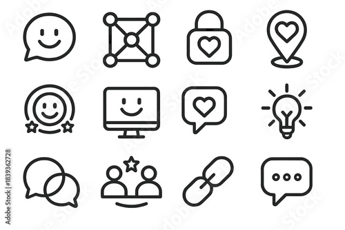 Digital Harmony Icons. Uplifting Digital Community linear set: happy chat cloud, unity nodes, trust lock outline, supportive ping icon, wholesome badge, digital smile, shared