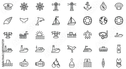 Collection of nautical icons isolated on set of marine and maritime symbols vector illustration of sea and ocean elements