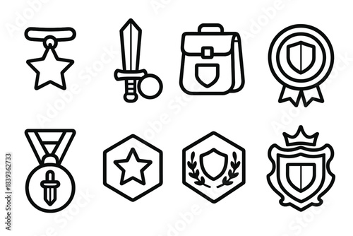 Hero Level Icons. Hero Growth Levels linear set: beginner charm, trainee item, journeyman kit, skilled badge, expert token, champion emblem, master sigil, epic crest.