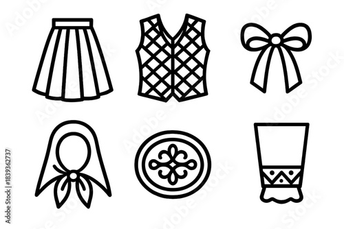 Folk Clothing Icons. Folk Clothing Features linear set: pleated skirt, woven vest, ribbon tie, modest head covering, carved buckle, cuff trim.