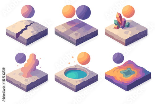Lunar Isometric Icons. Lunar–Moon Interaction Landscapes flat isometric set: tidal stress crack, dual shadow line, mineral outcrop, dust plume, reflective crater pool, layered