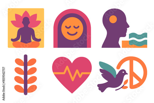 Vibrant Serenity Icons. Inner calm moments flat set: mindfulness tile, satisfaction arc, reflective node, serene wave bar, tranquility strip, joy marker, contentment pulse, peace