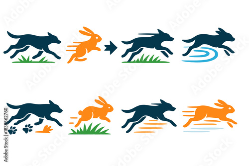 Vibrant Animal Chase. Animal Chase flat set: predator silhouette, fleeing prey icon, sprinting paws, rapid trail, sharp arrow, rustling grass line, chase swirl, motion blur.