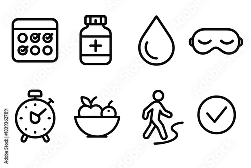 Healthy Habit Icons. Healthy Habit Cycle linear set: habit tracker, vitamin bottle, hydration drop, sleep mask, focus timer, fresh fruit bowl, walk path, wellness checkmark. .