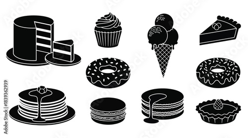 Black and white illustrations of various delectable desserts and sweet treats