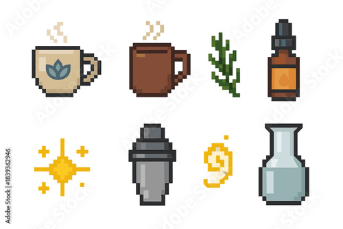Focus-Boosting Beverage Icons. Focus-Boosting Beverages pixel style set: nootropic blend cup, cacao mug, rosemary sprig, citrus zest, adaptogen dropper, clarity spark icon, ice