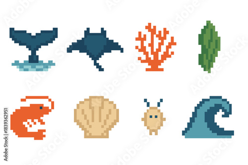 Marine Icons Collection. Marine Biodiversity Elements set of icons in flat pixel vector style: whale tail, manta glide, reef coral, algae sheet, shrimp silhouette, scallop shell,