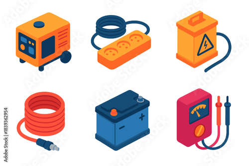 Power Equipment Icons. Site Power Equipment isometric flat set: diesel generator, extension cord, voltage box, pneumatic hose, battery pack, output meter.