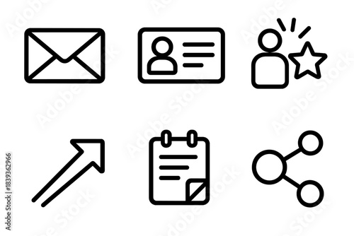 Outreach Icon Set. Professional Outreach Tools linear set: email envelope, business card, introduction spark, outreach arrow, follow-up note, connection hub.