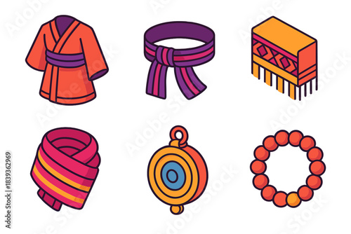 Cultural Attire Icons. Cultural Attire Details isometric flat set: layered robe, textile belt, ornate hem, pendant charm, cloth wrap, wrist beads.