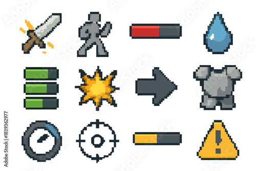 Pixel Combat Icons. Action Battle Icons set of icons in flat pixel vector style: weapon strike, block stance, life bar, magic droplet, endurance icon, impact burst, sidestep arrow,