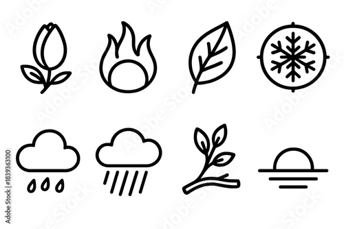 Seasonal Icon Set. Cyclic Season Set linear set: flower bud, heat crest, leaf twist, snow crystal ring, seasonal cloud, rain strip, warm branch, cold horizon cue.