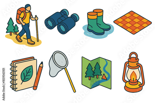Isometric Nature Icons. Outdoor Nature Activities isometric flat set: trail hike, birdwatching binoculars, creek wading boots, picnic blanket, nature sketchbook, insect net, forest