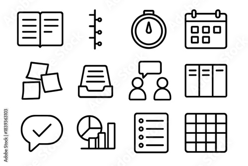 Organized Work Icons. Daily Work Coordination Set linear set: agenda outline, structured timeline, work session timer, synced calendar, post-it cluster, document sorter, meeting