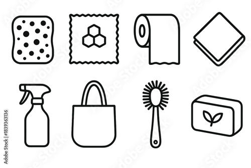 Eco-Friendly Household Icons. Sustainable home goods linear set: biodegradable sponge, beeswax wrap, recycled-paper towel, cloth napkin, refillable spray bottle, hemp bag, natural