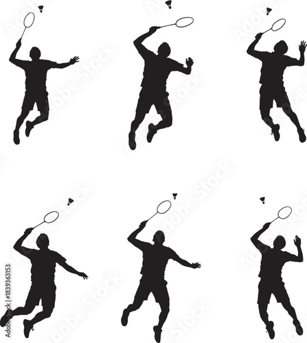 Dynamic silhouette collection of six tennis players in action poses 
