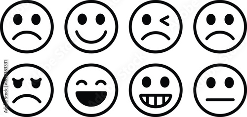 A set of eight simple, minimal, black and white line-art emoji icons enclosed in purple circles, depicting various emotions like happy, sad, surprised, and neutral, in a vector art style