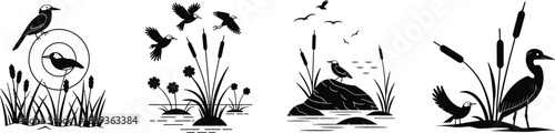 Wetland Bird Silhouettes with Aquatic Plants, Flying and Perched Birds, and Water Ripples for Nature and Wildlife Design Projects