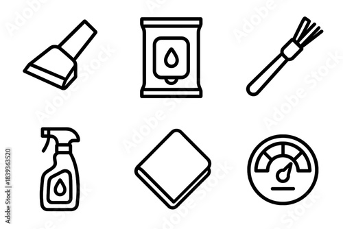Car Care Icons. Car Interior Care Tools linear set: vacuum nozzle, dashboard wipe pack, vent brush, stain remover bottle, microfiber cloth, interior condition gauge.