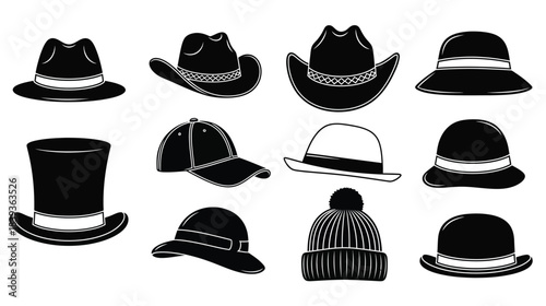 A collection of various black and white hat silhouettes displayed in a row