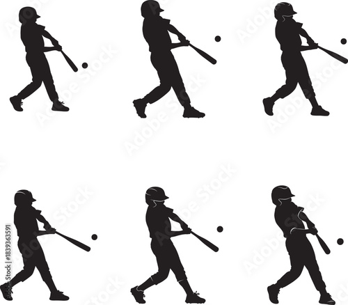 Six sequential silhouettes of a baseball player swinging a bat during a game silhouette