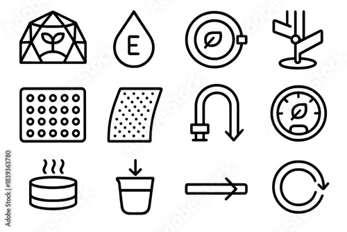 Sustainable Bioengineering Icons. Sustainable Bioengineering Systems linear set: low-impact culture dome, enzyme catalyst droplet, nutrient-saving inlet port, eco agitation paddle,