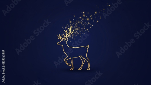 Golden Deer Silhouette and Sparkles: A regal golden deer silhouette strides gracefully against a deep blue backdrop, with a trail of sparkling particles emanating from its antlers.