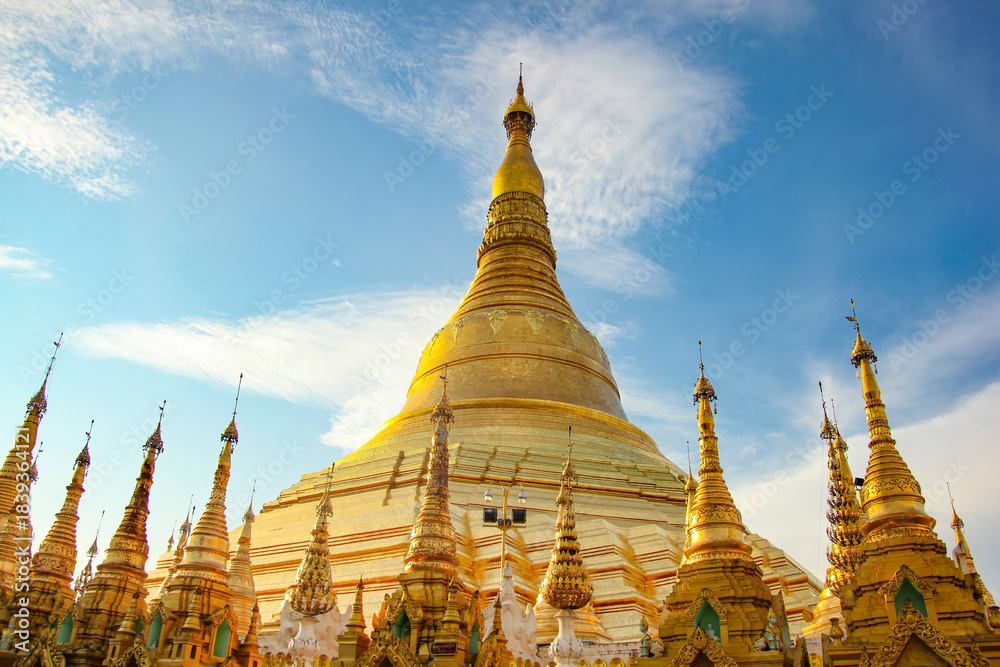 Naklejka premium The main stupa of the Shwedagon Pagoda. It is Yangon's most famous landmark and the most sacred Buddhist pagoda in country. The temple is in Yangon, Myanmar.