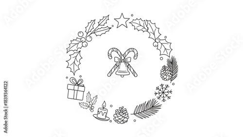 Holiday Cheer Wreath: A delightful, hand-drawn wreath, adorned with festive symbols, radiates holiday spirit and winter charm.